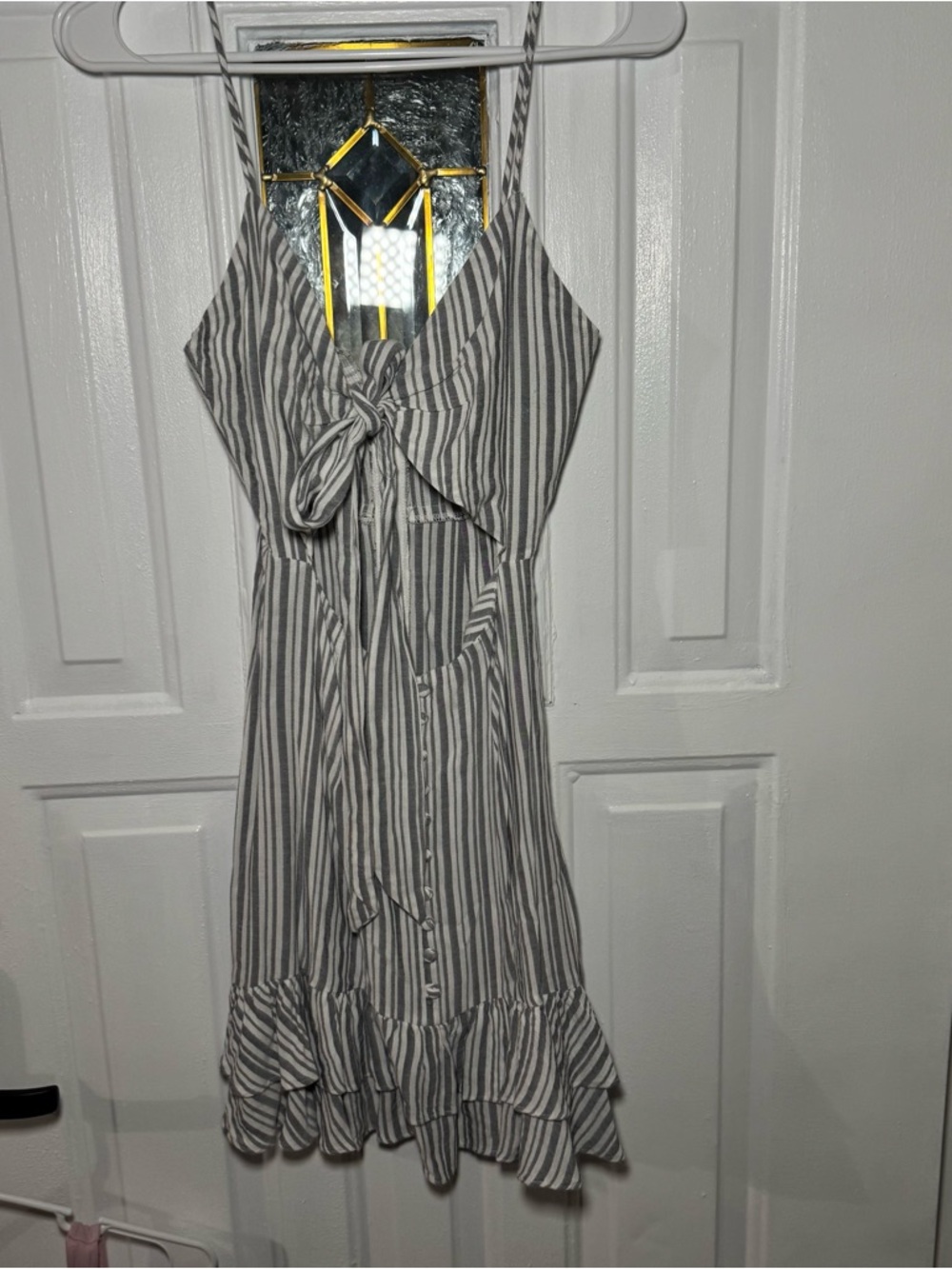 Skylar + Madison Gray and White Vertical Stripe Tie-Front Mini Dress